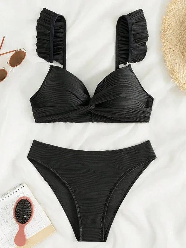 Twisted Bust Ruffled Straps Bikini Set