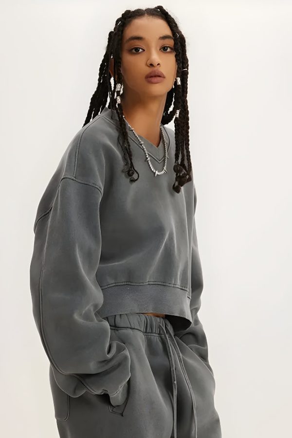 V-Neck Drop Shoulder Cropped Sweatshirt