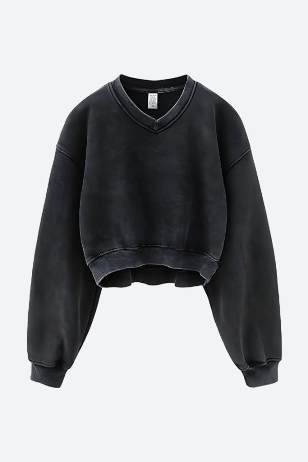 V-Neck Drop Shoulder Cropped Sweatshirt
