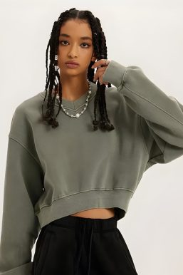 V-Neck Drop Shoulder Cropped Sweatshirt