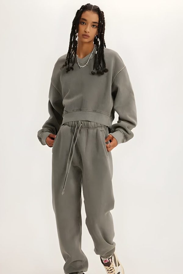 V-Neck Drop Shoulder Cropped Sweatshirt