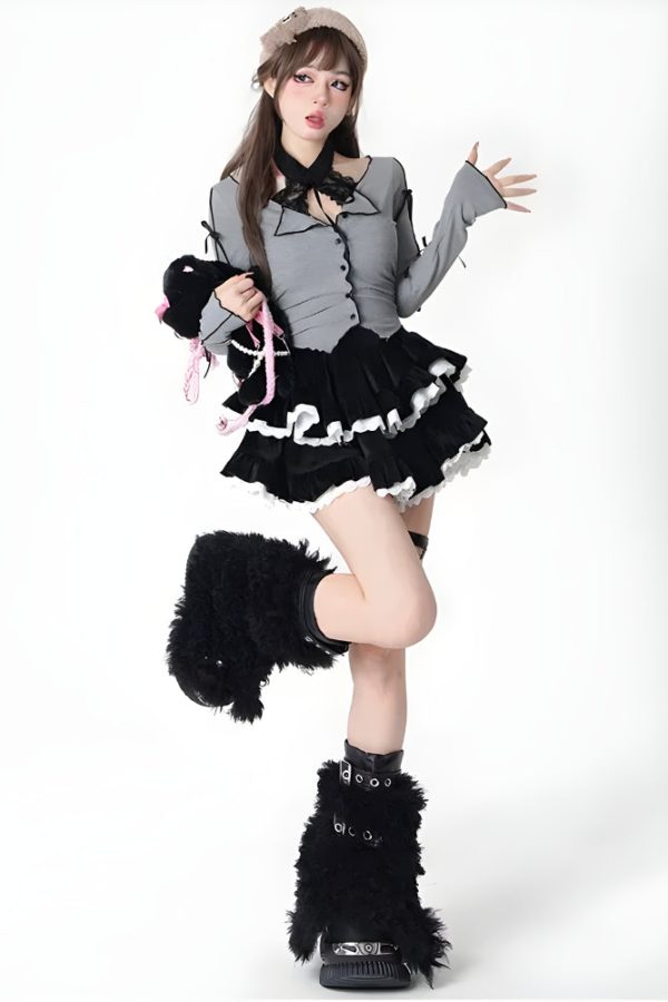 Velvet Ruffle Layered Mini Skirt