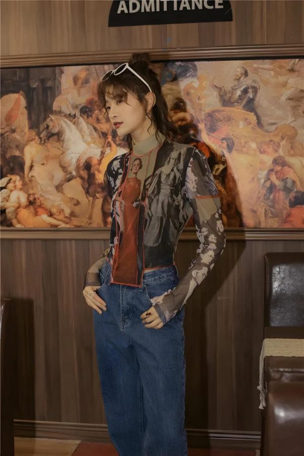 Vintage Asymmetric Patch Mesh Top