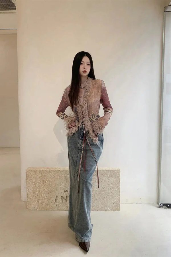 Vintage Faux Fur Detailed Lace Up Top