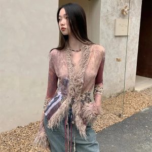 Vintage Faux Fur Detailed Lace Up Top