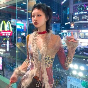 Vintage Faux Fur Tie Front Top