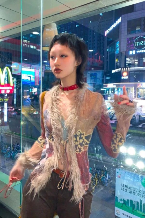 Vintage Faux Fur Tie Front Top