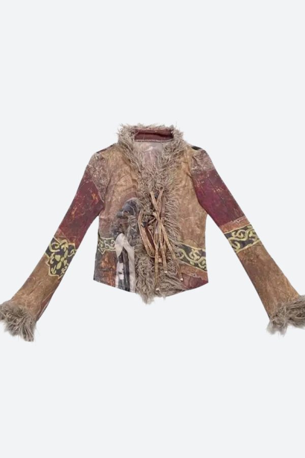 Vintage Faux Fur Tie Front Top