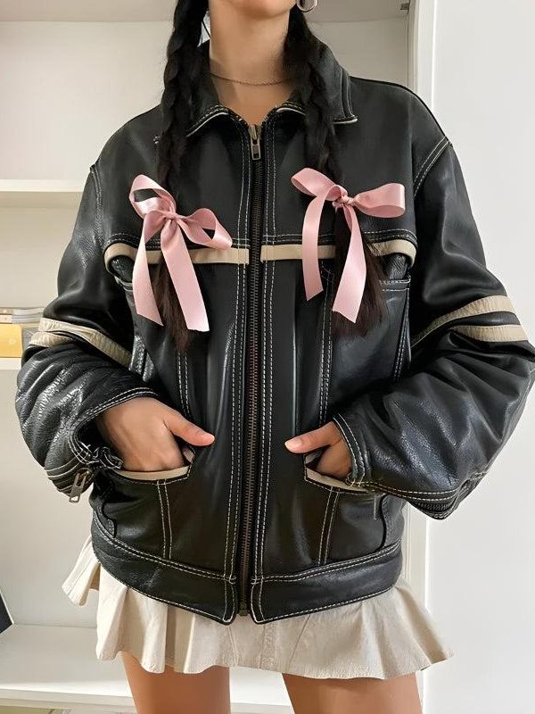 Vintage Grunge Biker Zip-Up Faux Leather Jacket