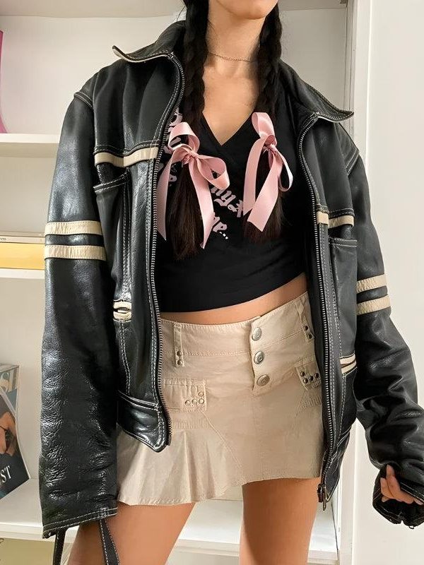 Vintage Grunge Biker Zip-Up Faux Leather Jacket