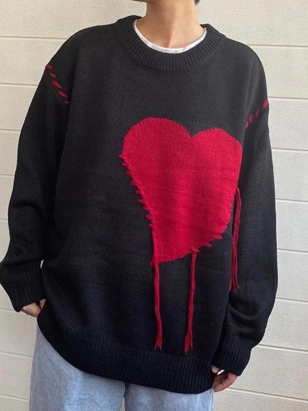 Weirdcore Heart Embroidered Sweater