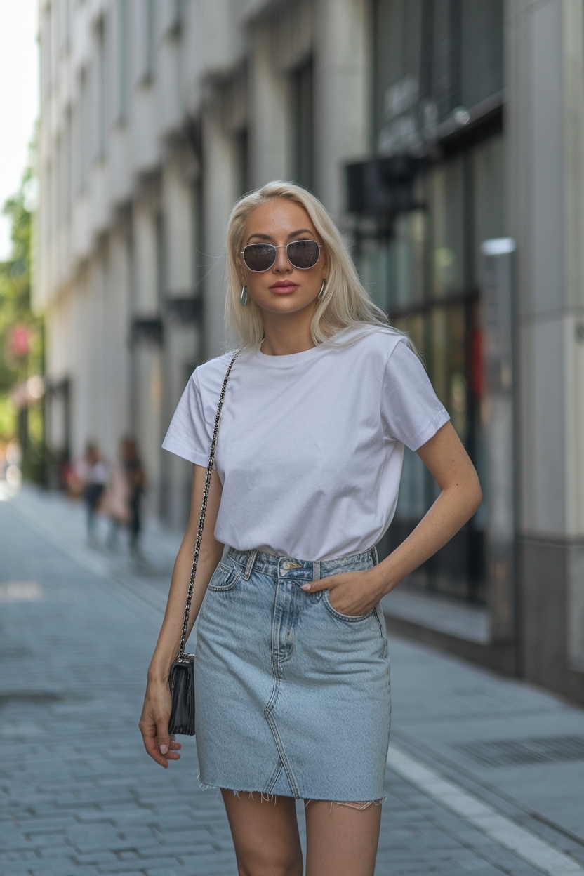 White T-Shirt Denim Skirt Outfit Women: Classic and Cute outfit idea