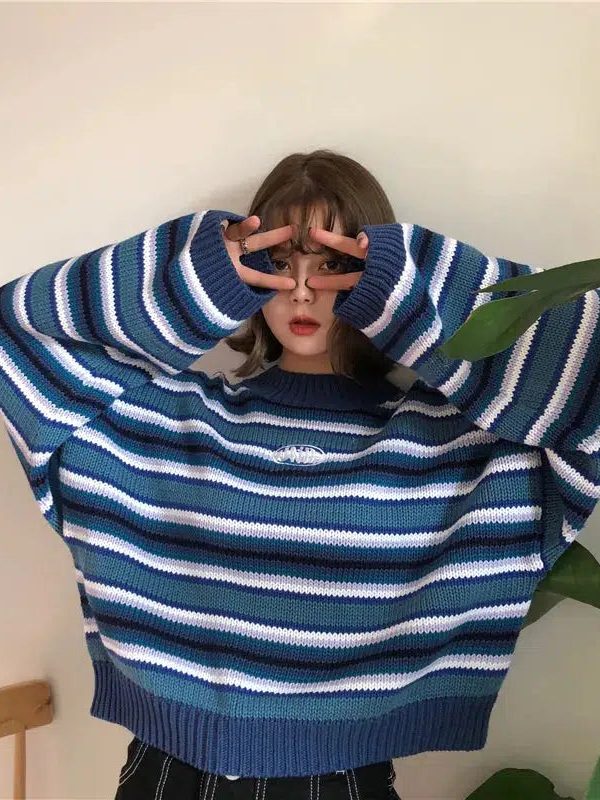 Wide Sleeved Striped Knitted Sweater