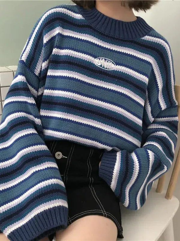Wide Sleeved Striped Knitted Sweater