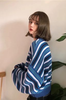 Wide Sleeved Striped Knitted Sweater