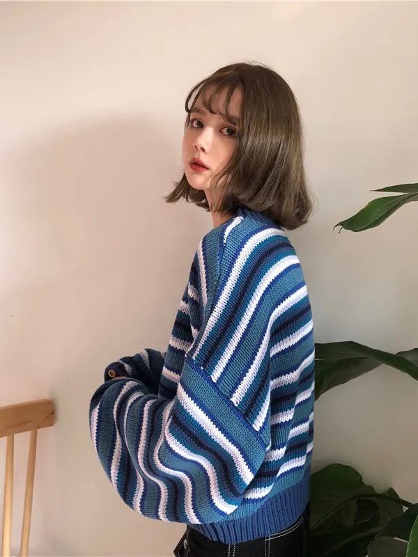 Wide Sleeved Striped Knitted Sweater