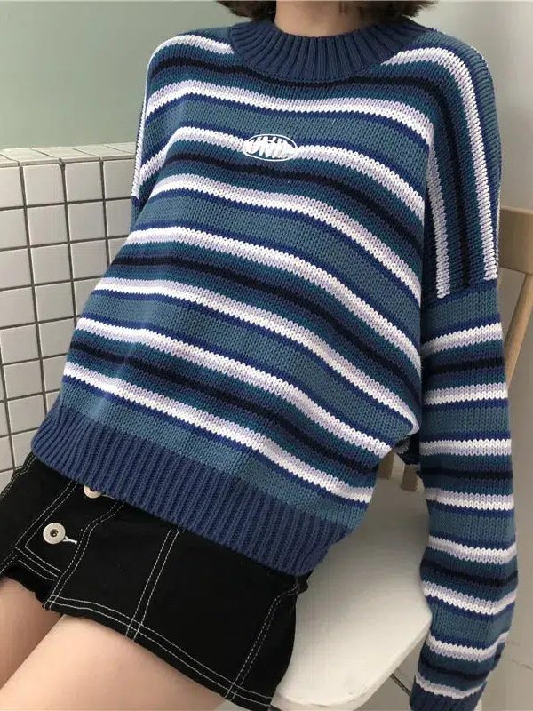 Wide Sleeved Striped Knitted Sweater