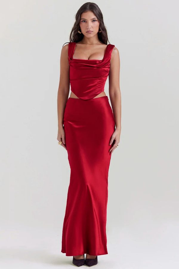 Wine Satin Corset Top & Maxi Skirt Two Piece Set