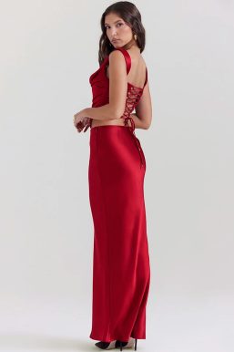 Wine Satin Corset Top & Maxi Skirt Two Piece Set