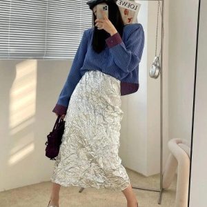 Wrinkled Silver Midi Skirt