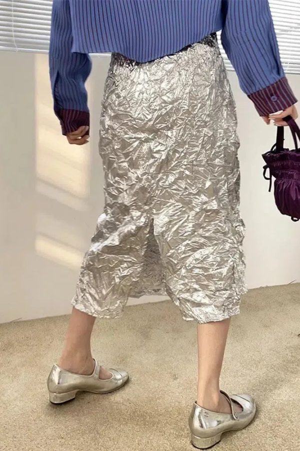 Wrinkled Silver Midi Skirt