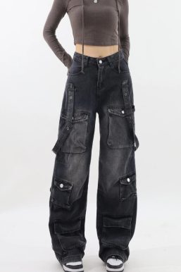 Y2K Belted Dark Wash Cargo Jeans