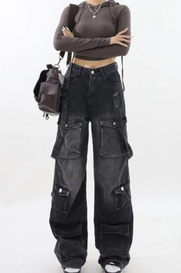 Y2K Belted Dark Wash Cargo Jeans