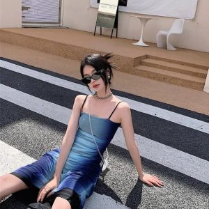 Y2K Blue Gradient Strappy Midi Dress