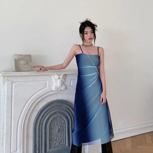 Y2K Blue Gradient Strappy Midi Dress
