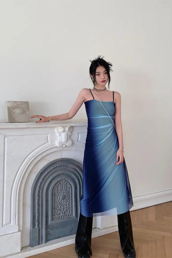 Y2K Blue Gradient Strappy Midi Dress