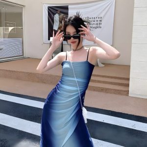 Y2K Blue Gradient Strappy Midi Dress