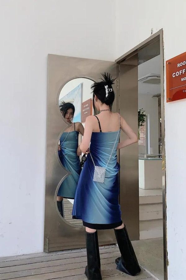 Y2K Blue Gradient Strappy Midi Dress