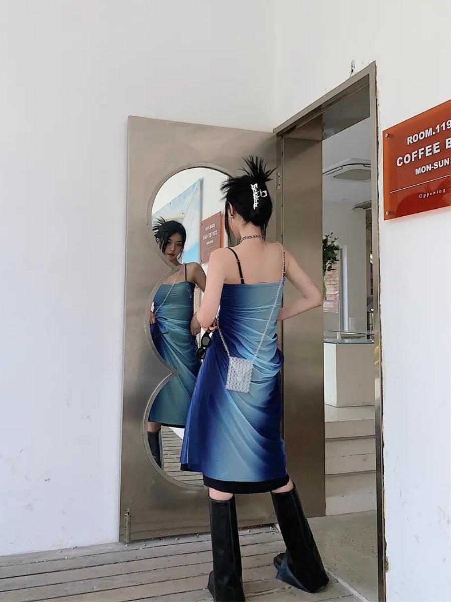 Y2K Blue Gradient Strappy Midi Dress Y2K Blue Gradient Strappy Midi Dress