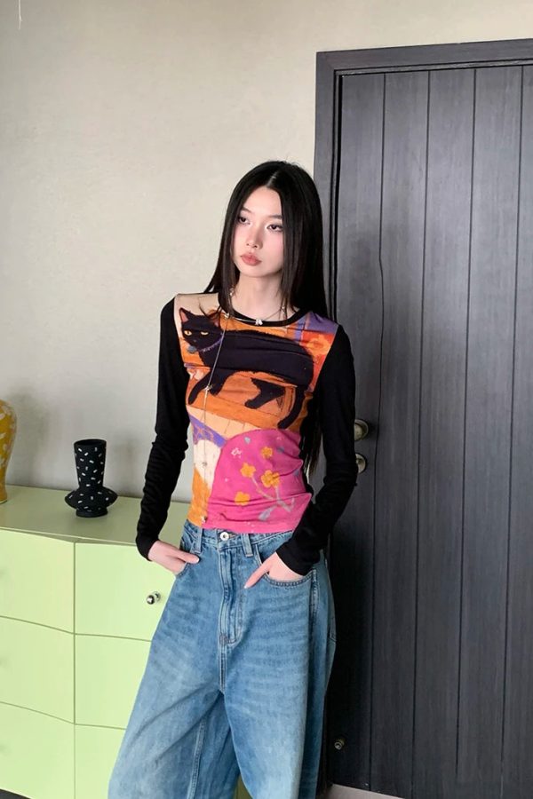 Y2K Cat Graphic Top