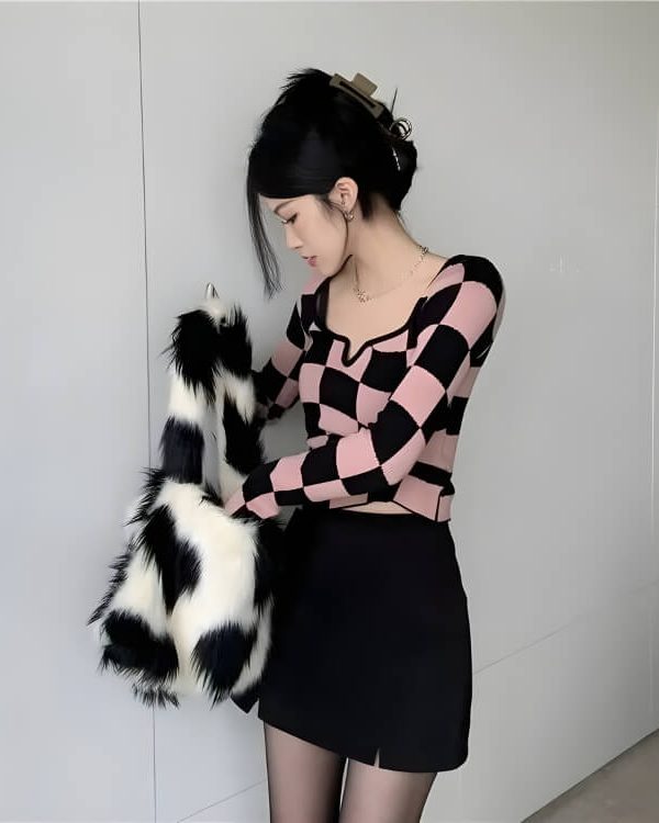 Y2K Checkered Square Neck Top