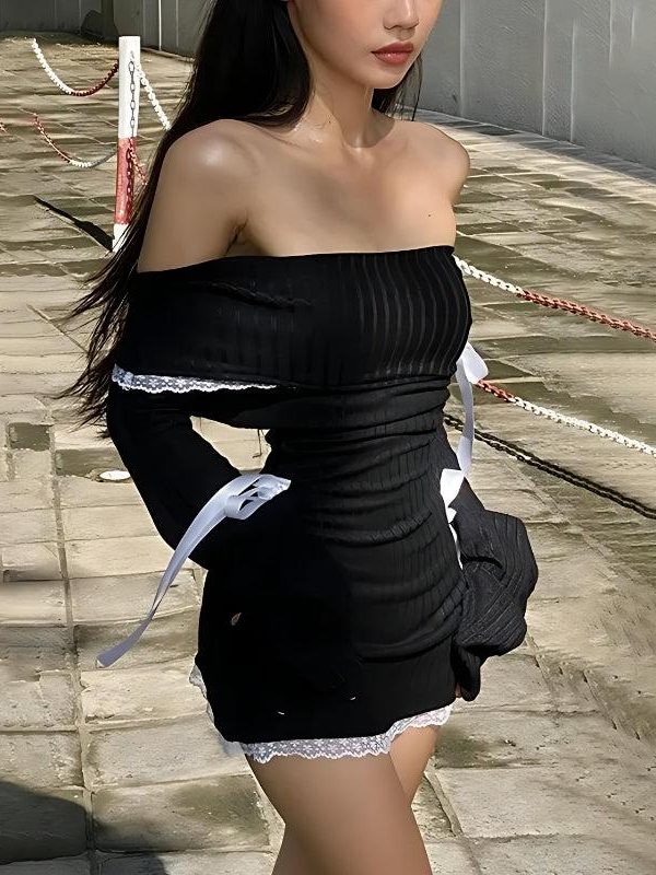 Y2K Corduroy Off Shoulder Bow Mini Dress