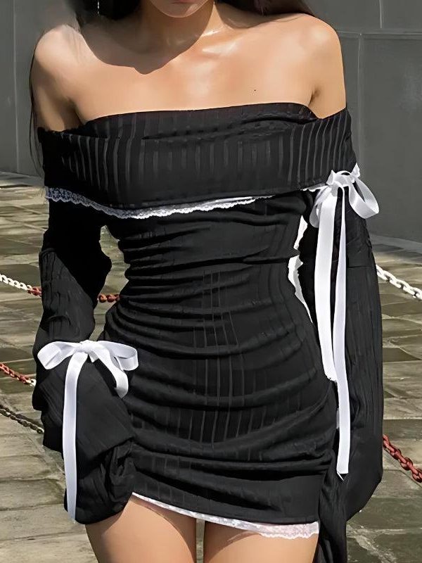 Y2K Corduroy Off Shoulder Bow Mini Dress