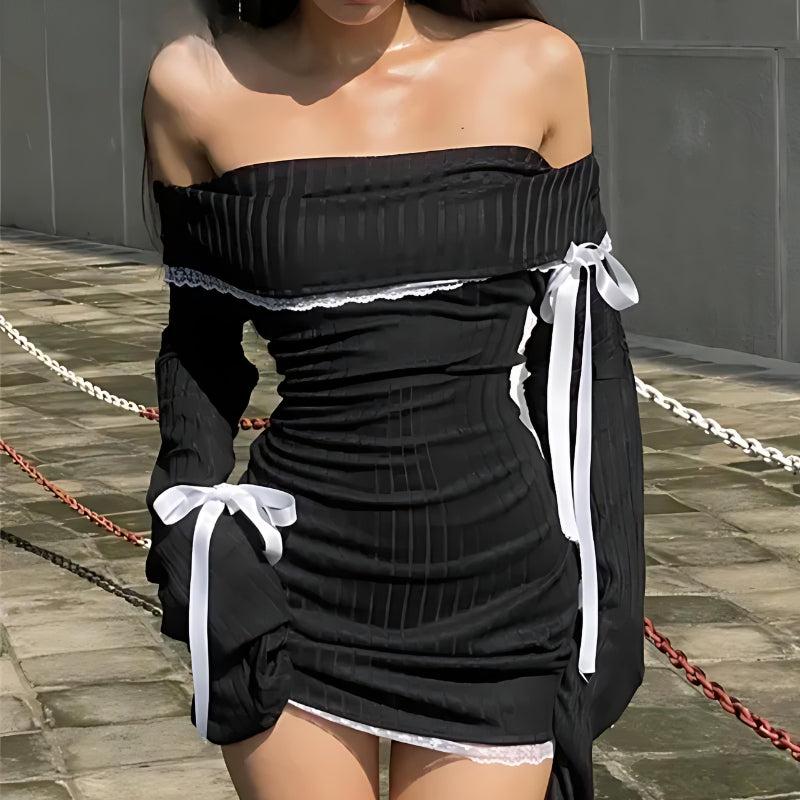 Y2K Corduroy Off Shoulder Bow Mini Dress Y2K Corduroy Off Shoulder Bow Mini Dress
