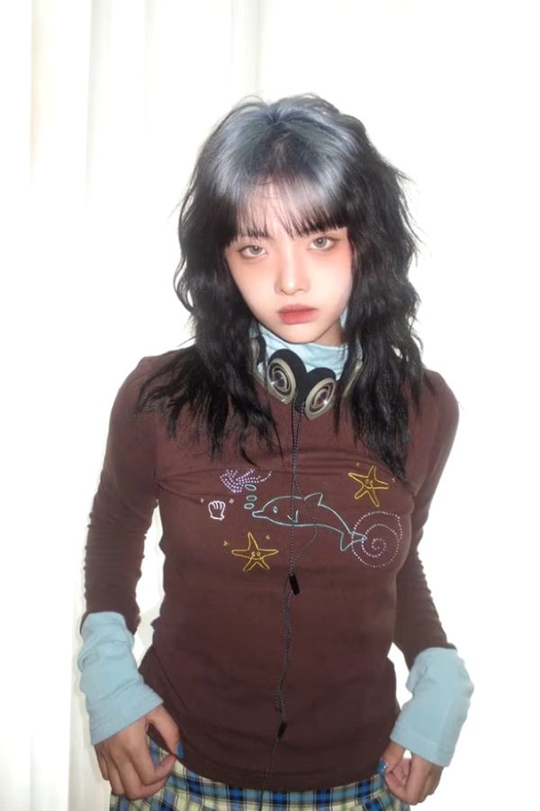 Y2K Dolphin Turtleneck Top