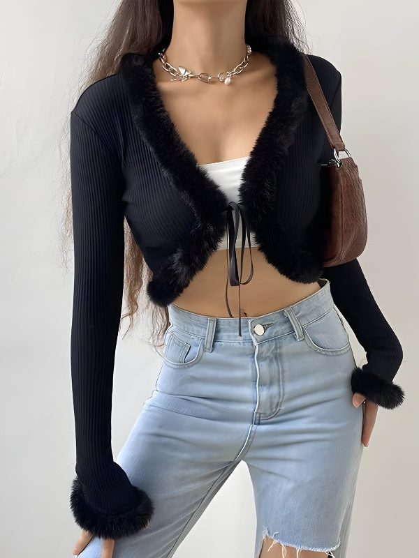 Y2K Faux Fur Corduroy Crop Cardigan