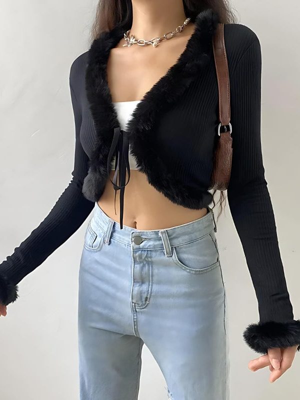 Y2K Faux Fur Corduroy Crop Cardigan