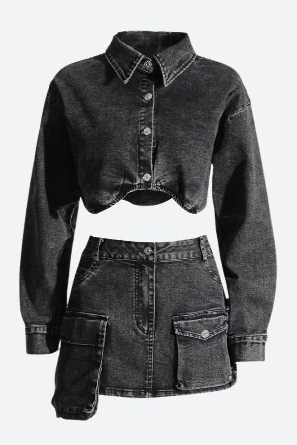 Y2K Grunge Denim Top & Skirt Two Piece Set