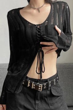 Y2K Grunge Sheer Lace Up Knitted Top