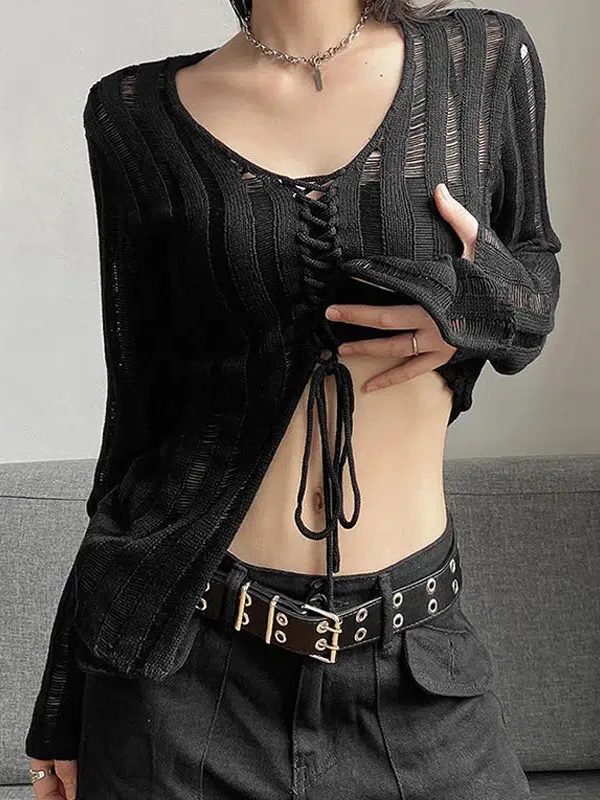 Y2K Grunge Sheer Lace Up Knitted Top