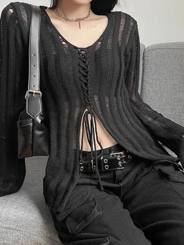 Y2K Grunge Sheer Lace Up Knitted Top