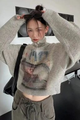 Y2K Half Zip-Up Knitted Sweater