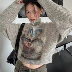 Y2K Half Zip-Up Knitted Sweater