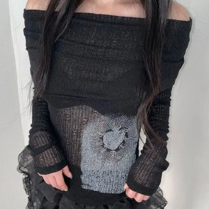 Y2K Heart & Swords Off Shoulder Top