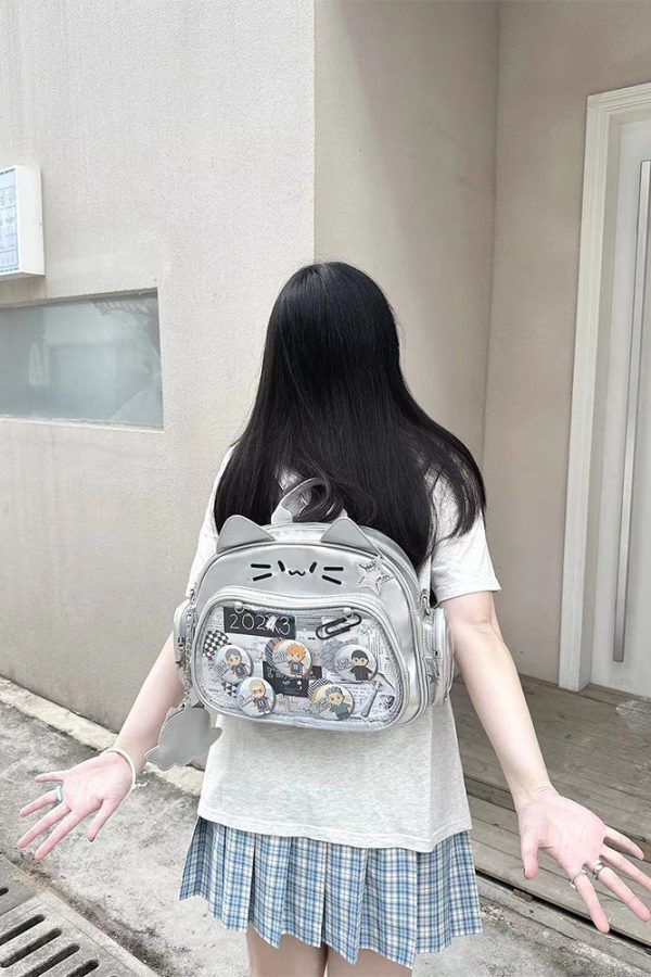 Y2K Japan Silver Cat Pin Backpack