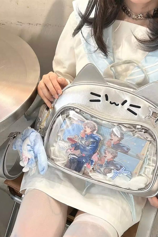 Y2K Japan Silver Cat Pin Backpack